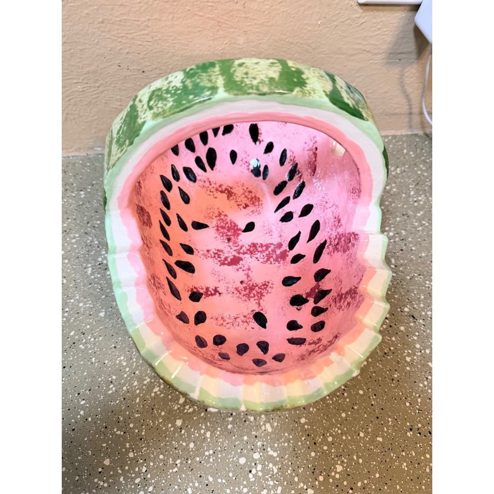 Vintage‎ Watermelon Ceramic Basket Hand Painted Pink Green Fruit Decor 11in